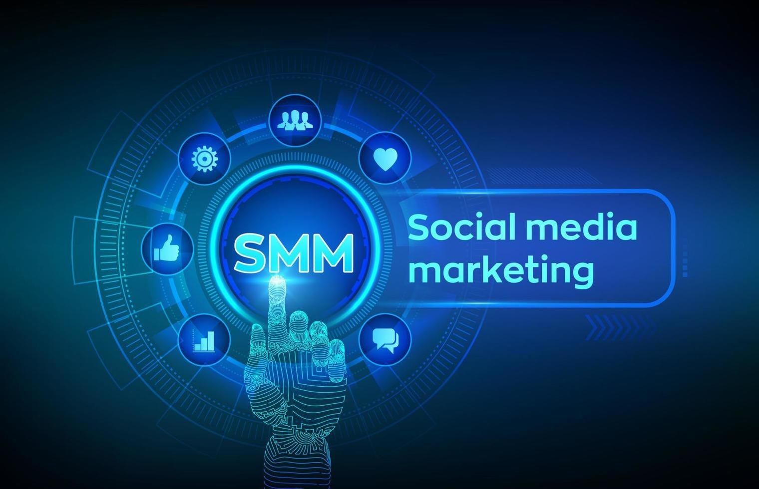 smm social media marketing likes comments followers and message icons on virtual screen robotic hand touching digital interface business and internet concept illustration vector